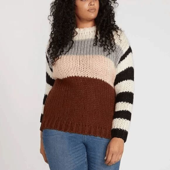 Volcom Women's Chunky Striped Classy Time Sweater Black White Brown‎ Size 16W/16 - Picture 1 of 8